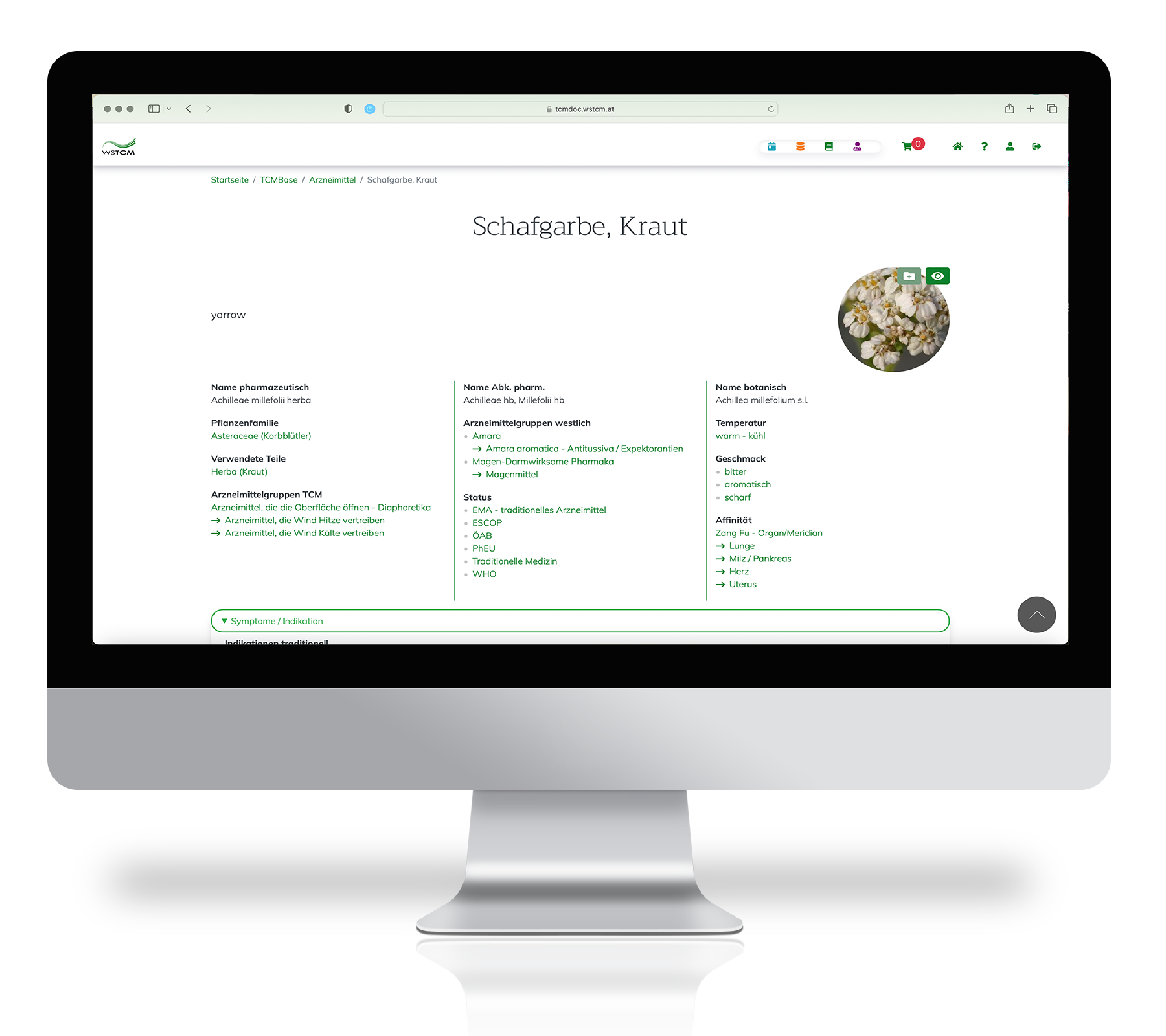 TCMbase Oberfläche für ein westliches Arzneimittel mit Hinweisen zu Kategorisierung und Bilddaten