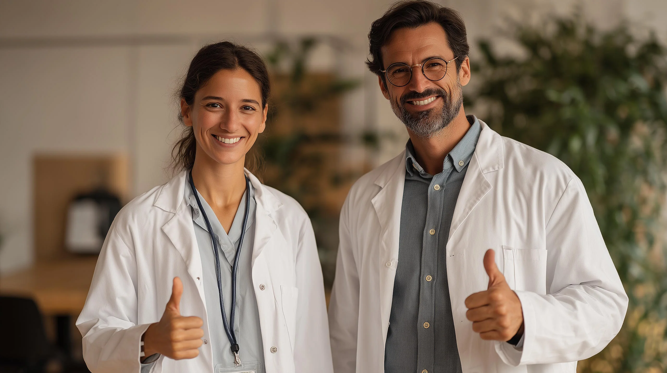 Mehr Zeit für Ihre Patientinnen-1920-423d-8f41-8562b968dffc Zufriedene Ärztin und Arzt machen Thumbs Up Geste
